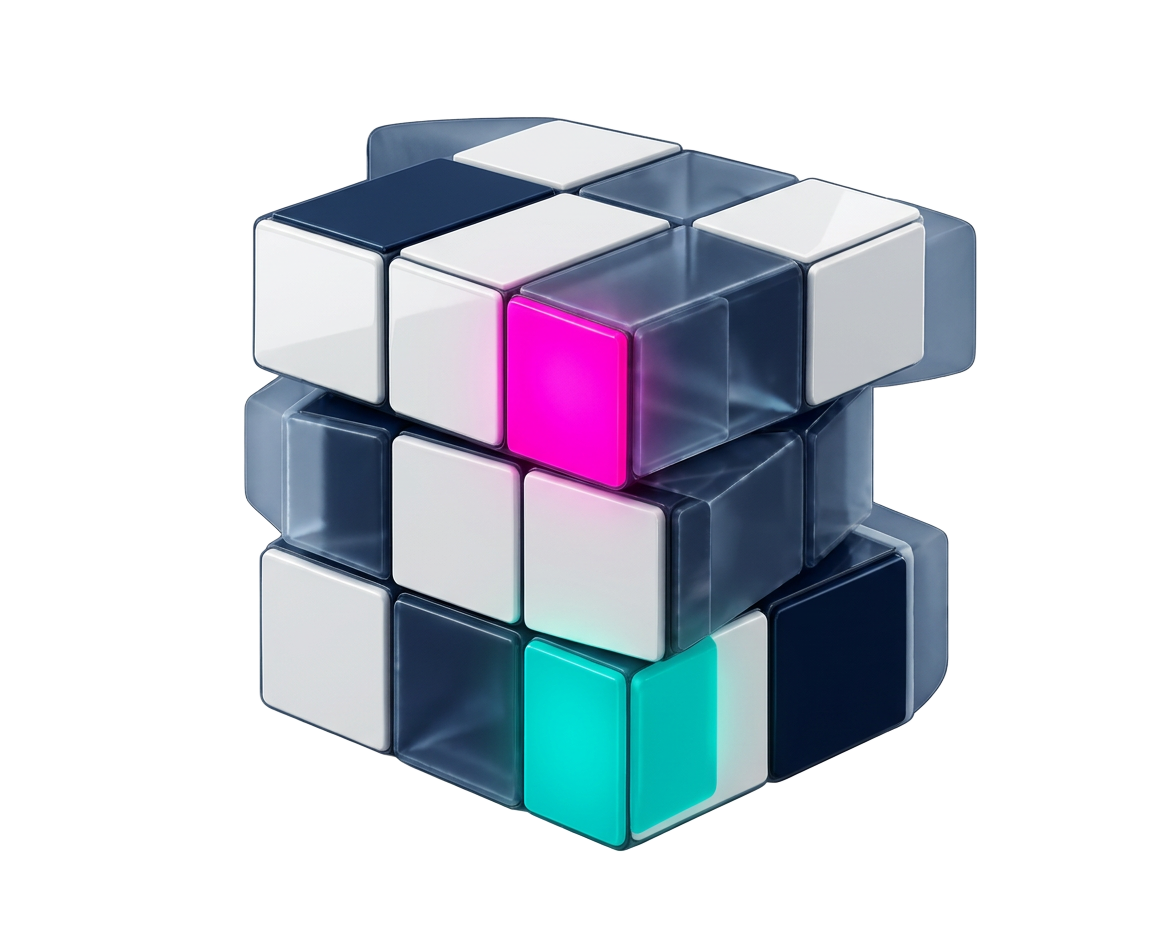 Interlocking navy, white, magenta and teal blocks representing connected operating work